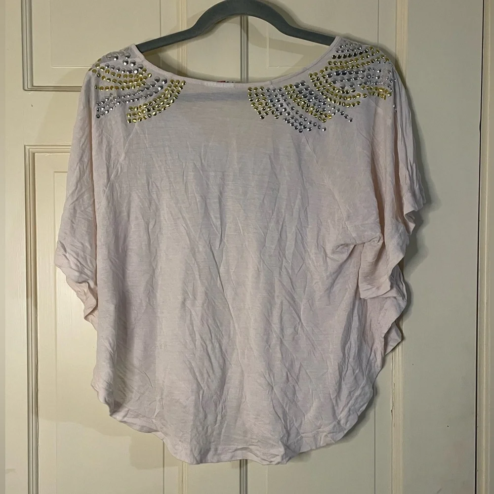 Free People Blouse Pink Silver Gold Studded Batwing High Low Tunic Top Sz Small - Picture 5 of 8